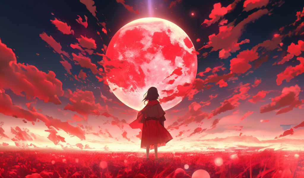 A world full of red, moon, anime, 1024x600 wallpaper