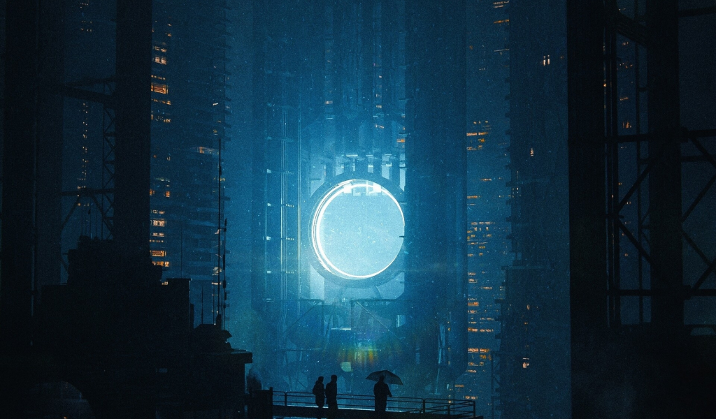 Tall buildings, glowing portal, cyberpunk, 1024x600 wallpaper