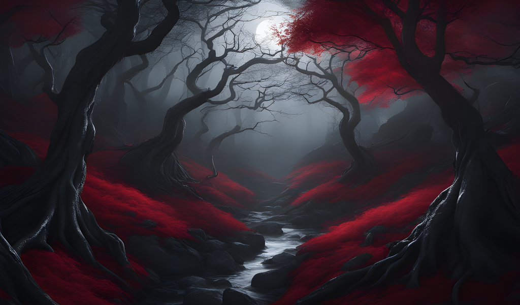 Dark forest, night with full moon, mystic world, 1024x600 wallpaper