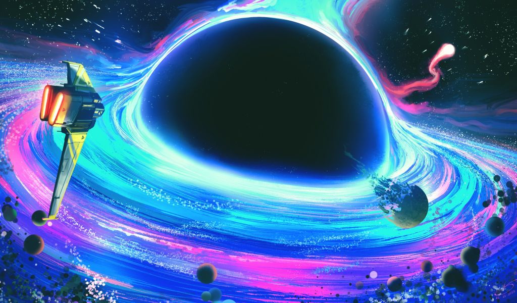 Spaceship move toward black hole, fantasy, art, 1024x600 wallpaper