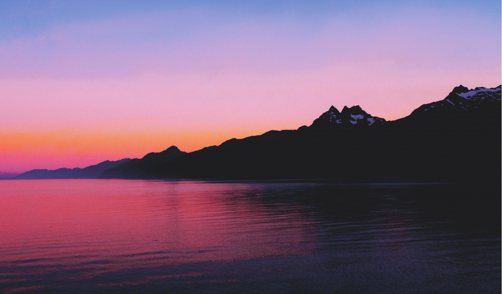 Download wallpaper 1024x600 silhouette, mountains, coast, sea, sunset ...