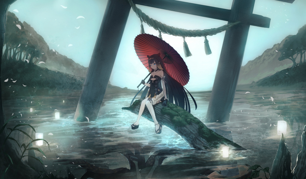 Download wallpaper 1024x600 alone, anime girl with umbrella, original ...