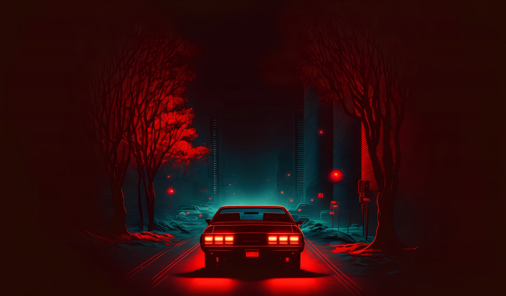 Red car on road, dark and minimal, digital art, 1024x600 wallpaper