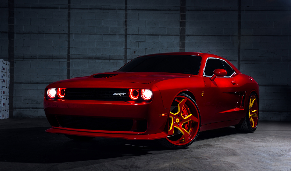 Red, Dodge Challenger SRT Hellcat, flashlight, 1024x600 wallpaper