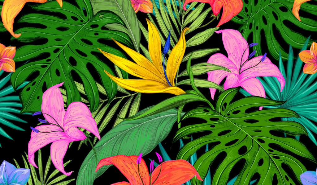 Pattern, tropical, flowers, leaves, 1024x600 wallpaper