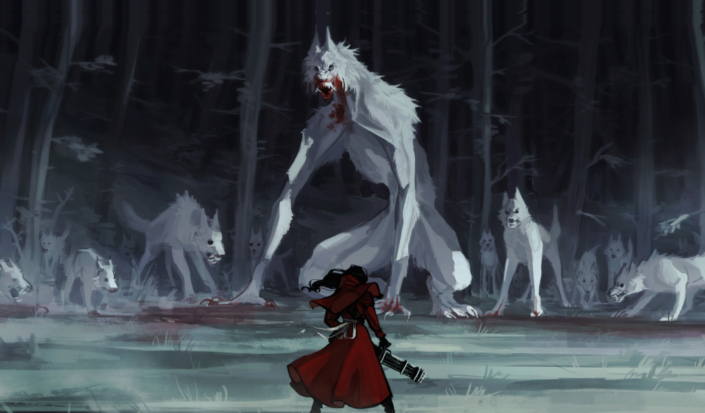 Red riding hood, wolf, fantasy, art, 1024x600 wallpaper