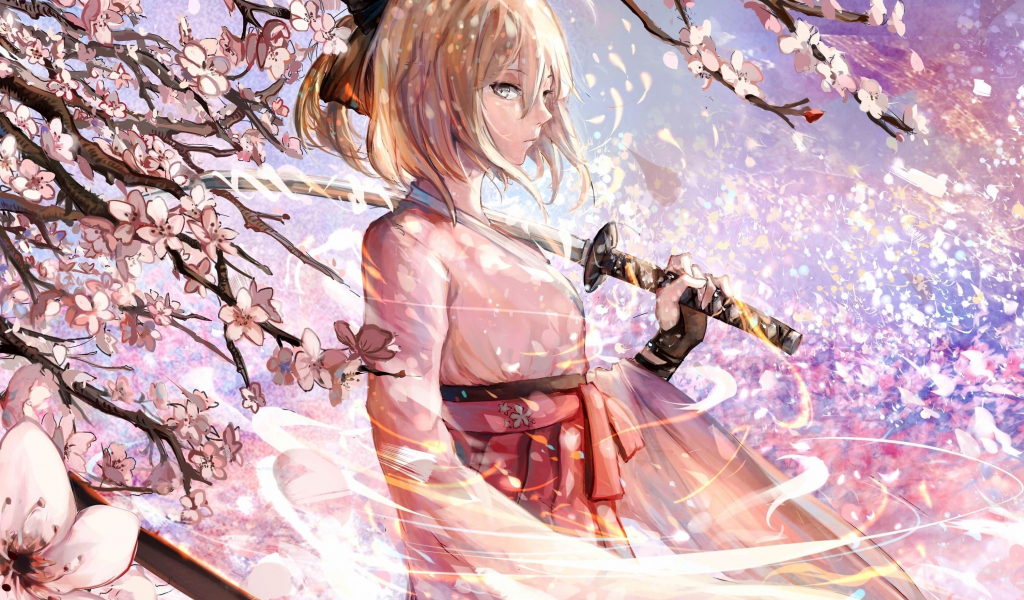 Download wallpaper 1024x600 sakura saber, katana, cherry blossom, anime,  netbook, tablet, playbook, 1024x600 hd background, 4991