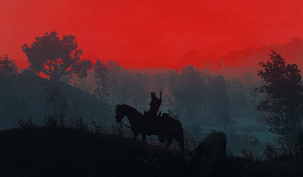 The Witcher 3, Geralt, sunset, silhouette, 1024x600 wallpaper