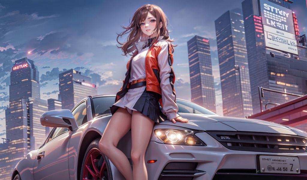 Anime girl with a car, beautiful, art, 1024x600 wallpaper