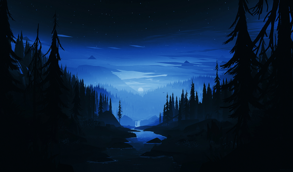 Download wallpaper 1024x600 dark night, river, forest, minimal, art