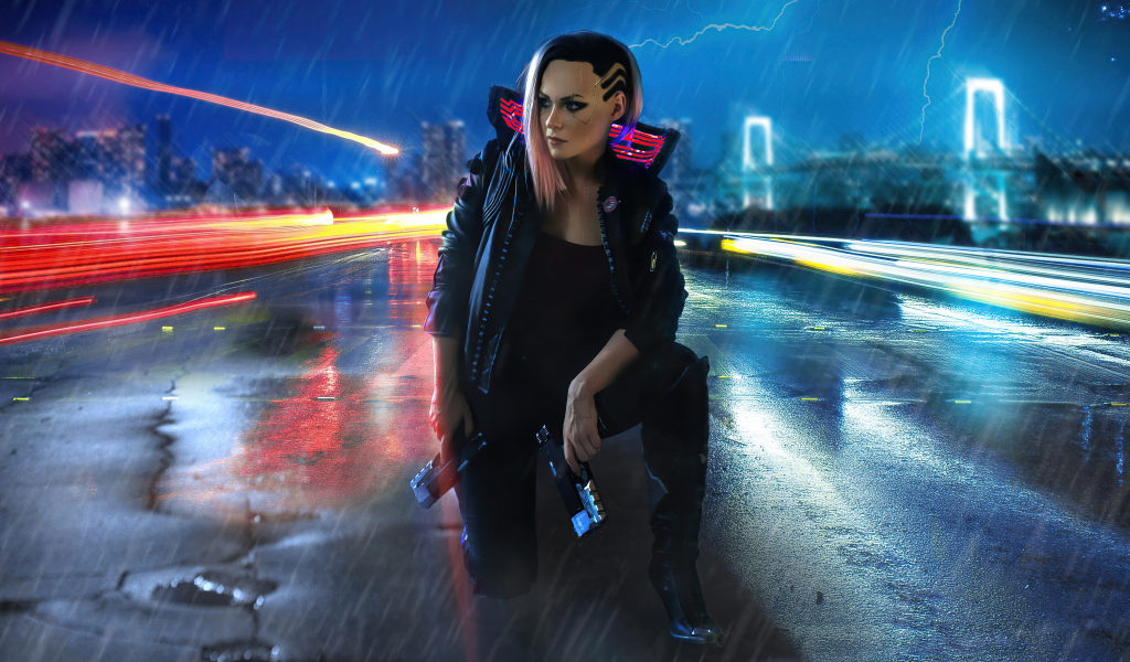 Girl and gun, video game, cyberpunk 2077, 1024x600 wallpaper