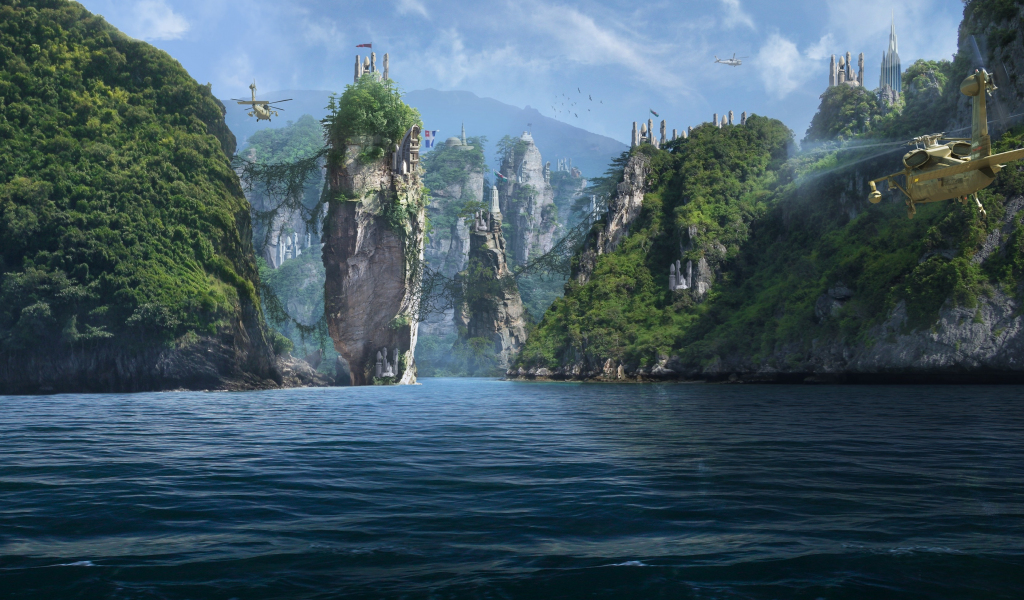 Forgotten islands, panorama, sea, cliffs, fantasy, 1024x600 wallpaper
