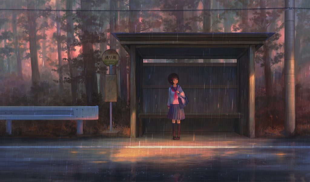 School girl, waiting for bus, rain, outdoor, 1024x600 wallpaper