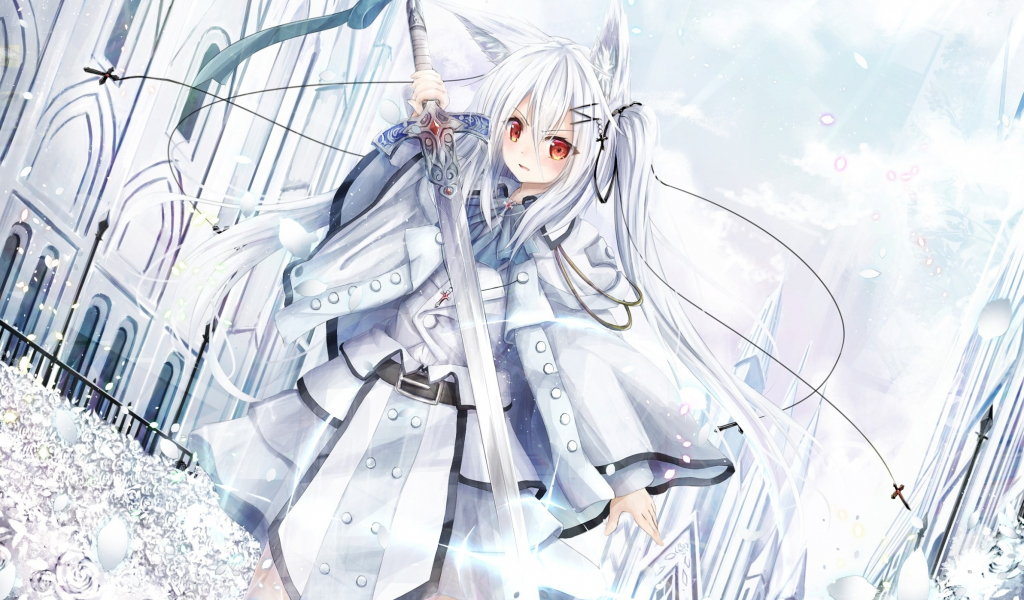 Download wallpaper 1024x600 warrior, anime girl, white hair, netbook ...