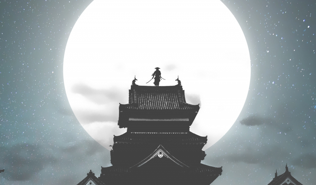 Download 1024x600 Wallpaper Moon House Samurai Warrior Night Images, Photos, Reviews
