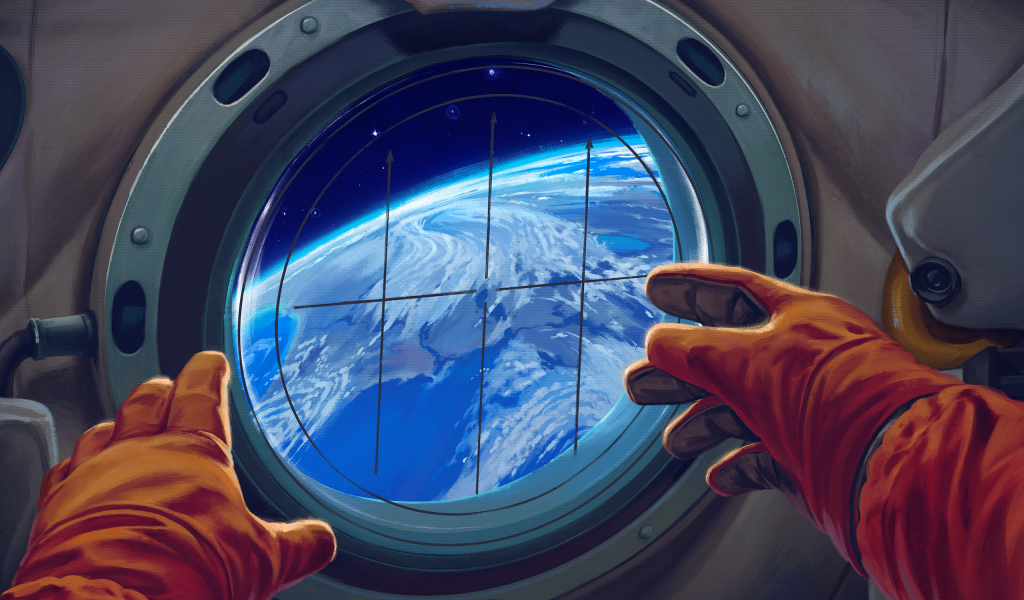 Spacecraft window, astronaut, 1024x600 wallpaper
