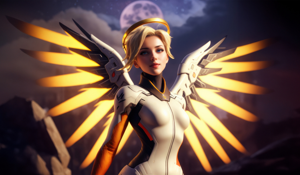 Mercy of Overwatch, The Swiss Angel, golden wings, 1024x600 wallpaper