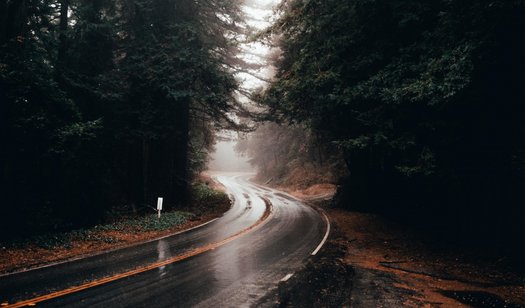 Highway turn, road, rainy, water on road, 1024x600 wallpaper