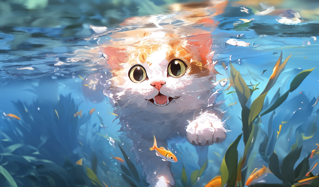 Cute kitten, swim underwater, art, 1024x600 wallpaper