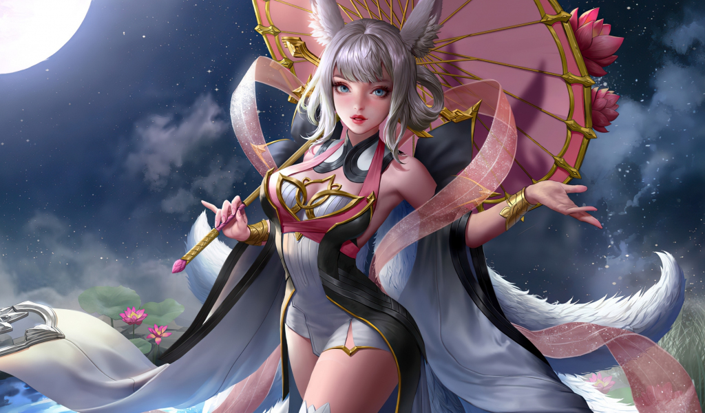 Anime elf girl with umbrella, moon light,  fantasy, 1024x600 wallpaper