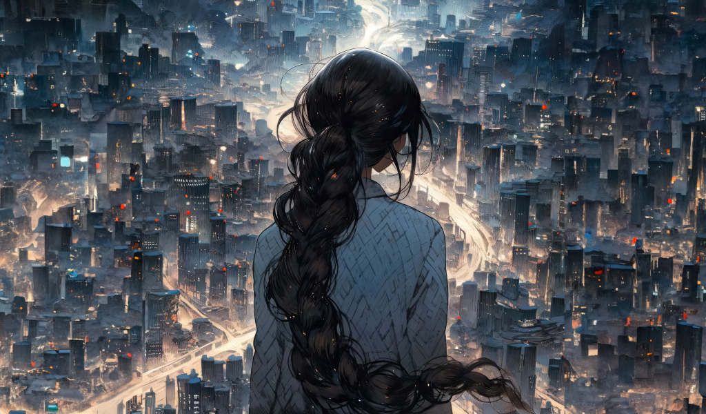 Watching the city at night, cityscape, long hair girl, 1024x600 wallpaper