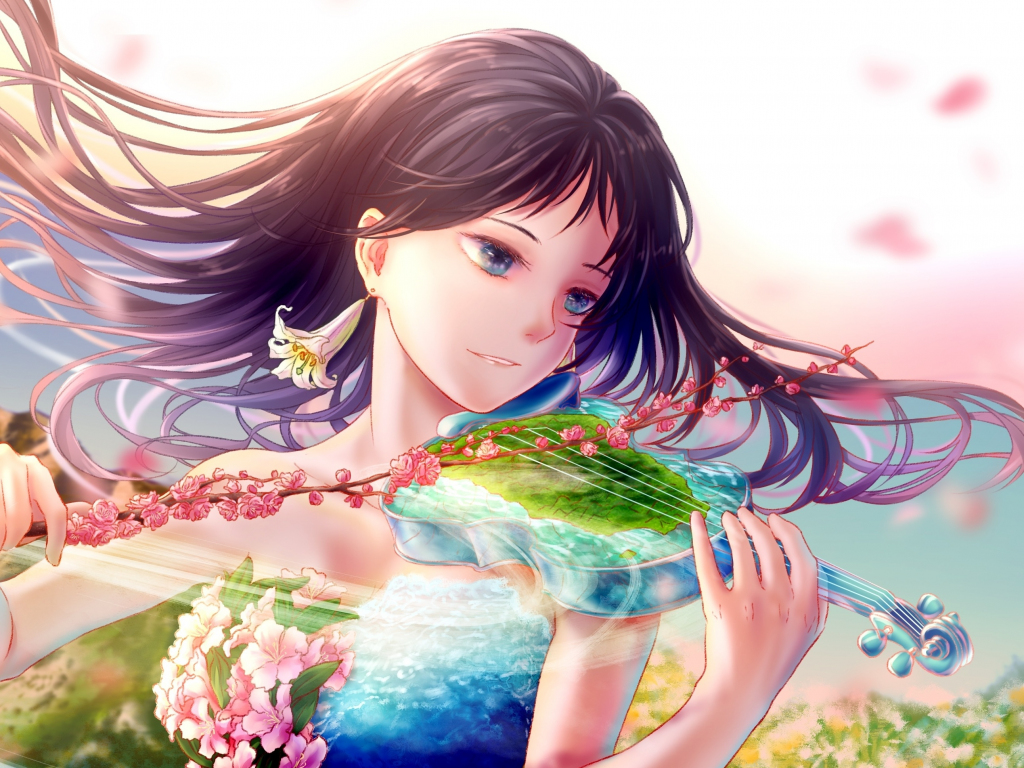 Beautiful, violin play, anime girl, original wallpaper, hd image