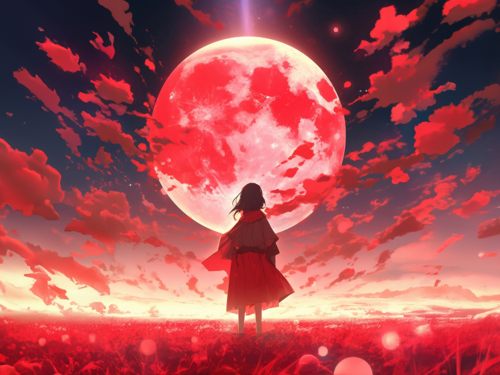 A world full of red, moon, anime, 1024x768 wallpaper