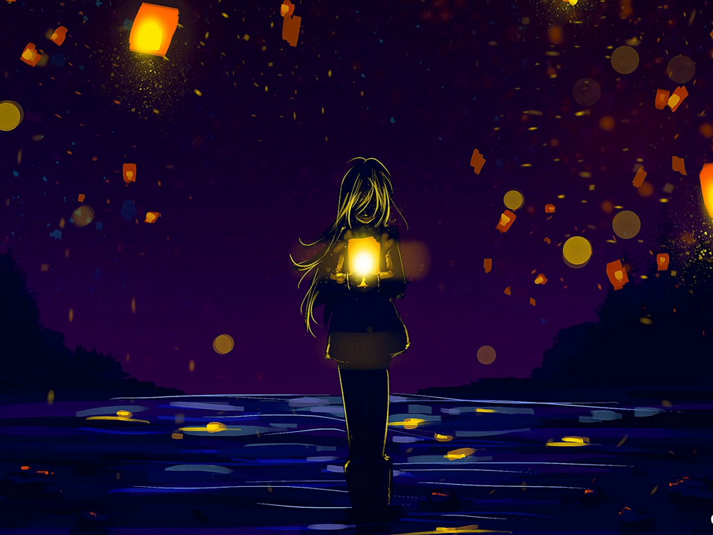 Wallpaper anime girl, lanterns, silhouette, lonely, night out desktop  wallpaper, hd image, picture, background, 0b24a8 | wallpapersmug
