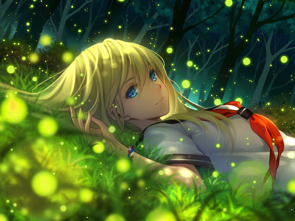 Desktop wallpaper beautiful anime girl, relaxed, outdoor