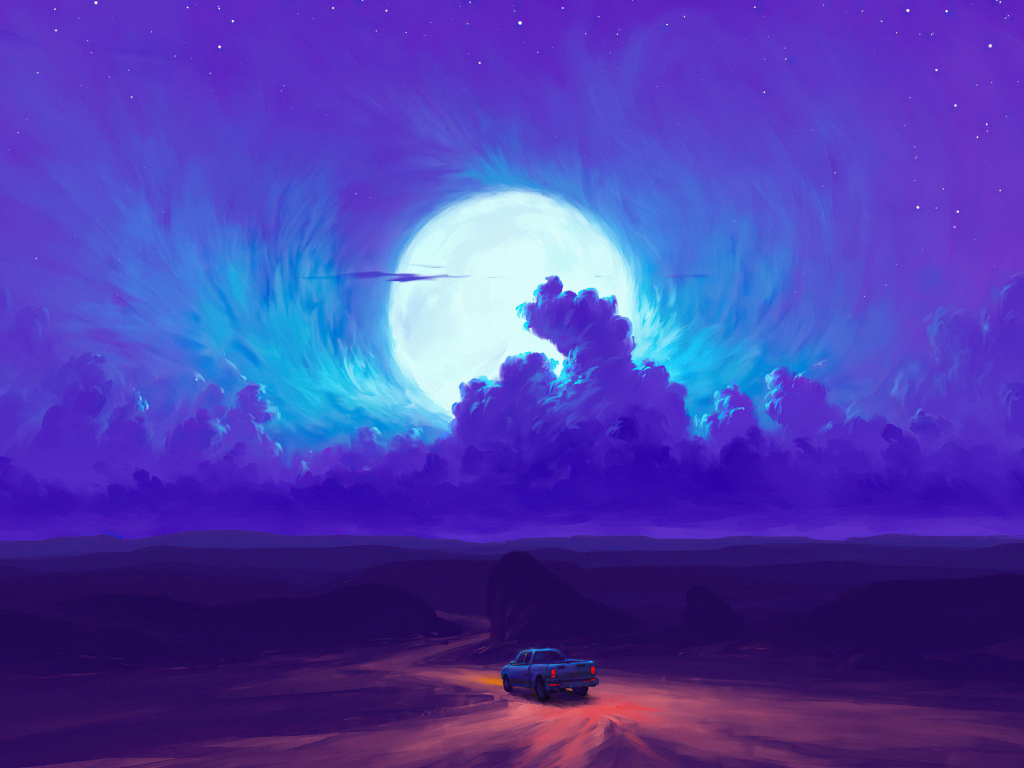 Desktop wallpaper moonrise, minimal, blue clouds, road, car drive