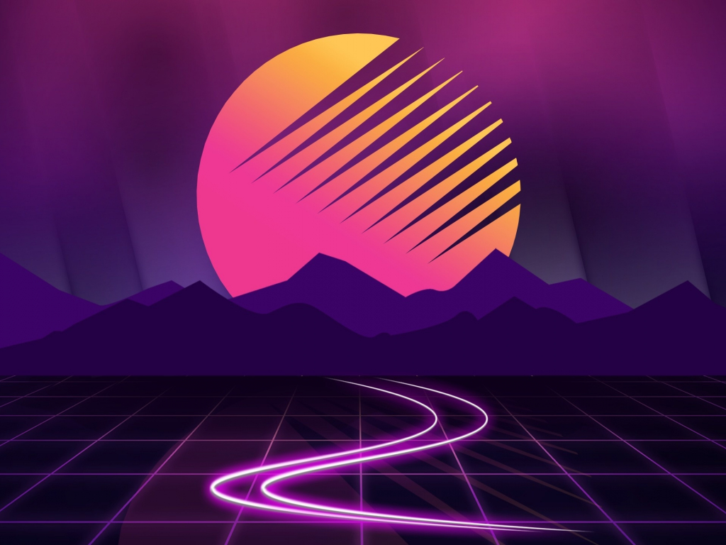 Desktop wallpaper neon, cyberwave, purple, mountains, moon, outrun, hd