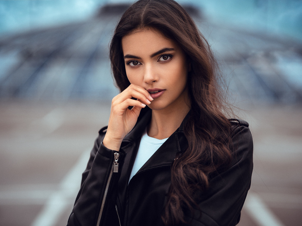 Desktop wallpaper leather jacket, girl model, long hair, hd image ...