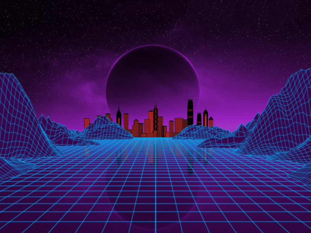 Wallpaper synthwave, moon, city, cityscape, mountains, landscape, art