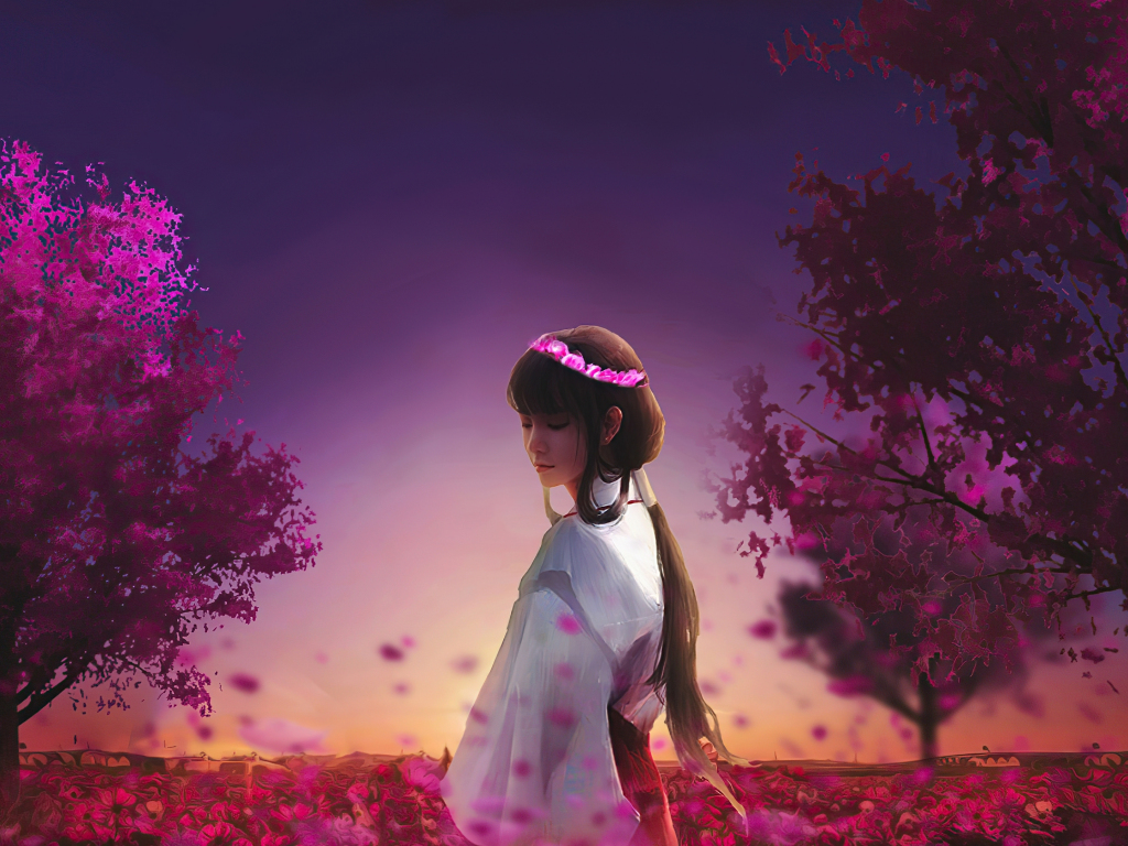 Desktop wallpaper ancient dress, anime girl, walk, garden, blossom