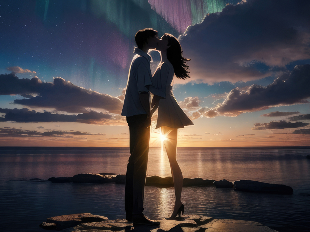 Couple's kiss, at the coast, sunset, art, 1024x768 wallpaper