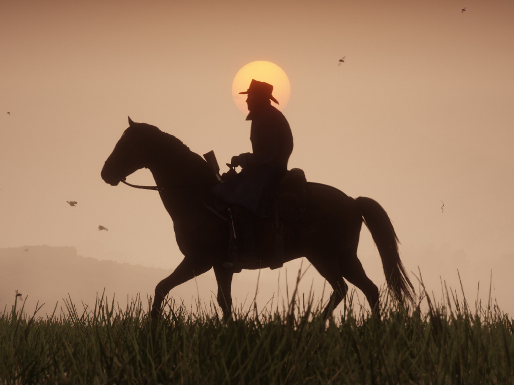 Wallpaper red dead redemption 2, video game, horse ride, sunset desktop