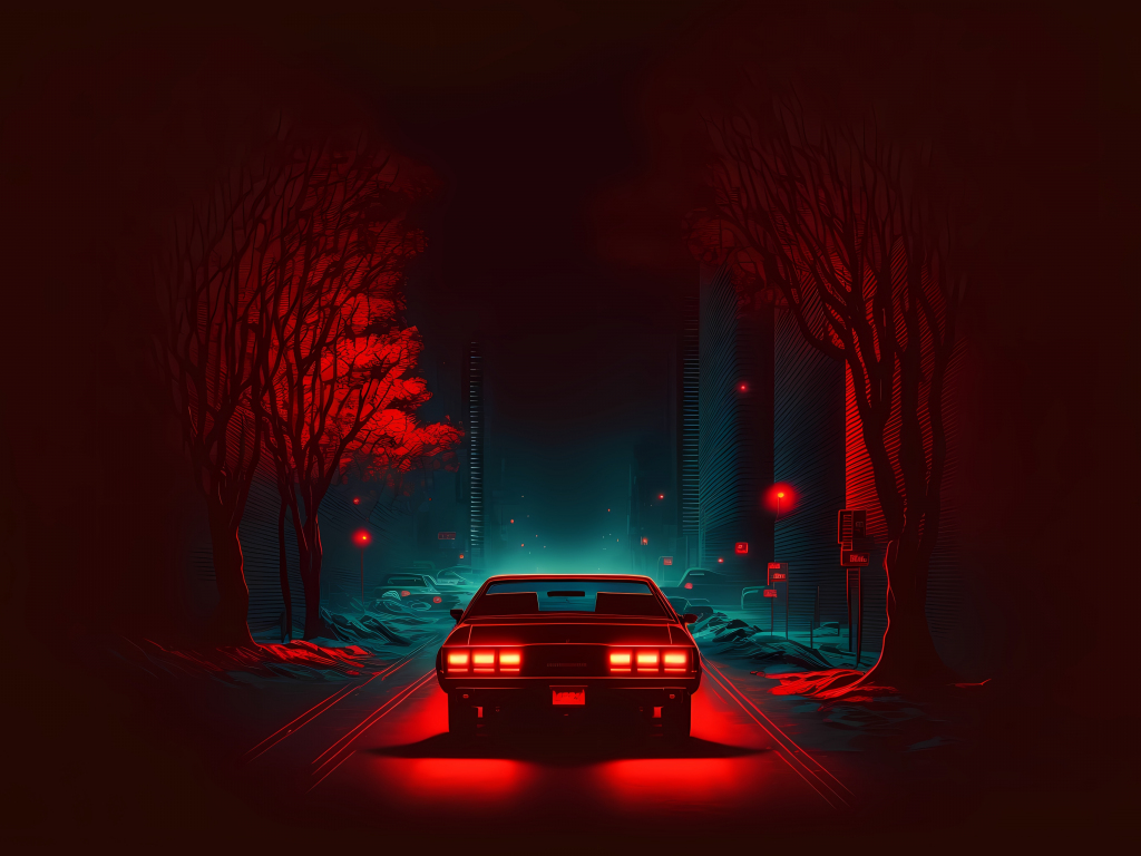 Red car on road, dark and minimal, digital art, 1024x768 wallpaper