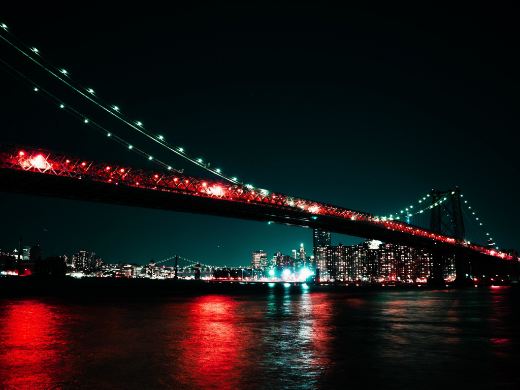 Desktop wallpaper city, bridge, cityscape, night, lights, hd image