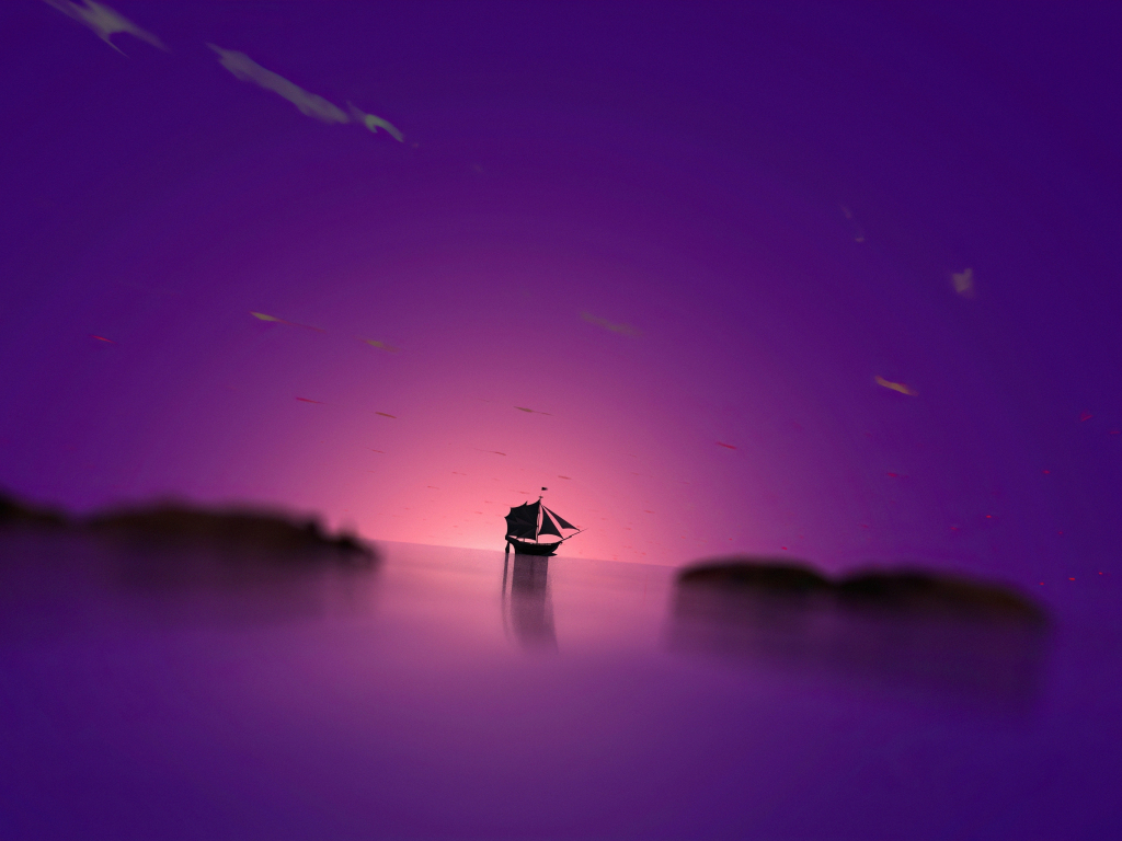 Desktop wallpaper purple dome boat, sunset, seascape, minimal, hd image