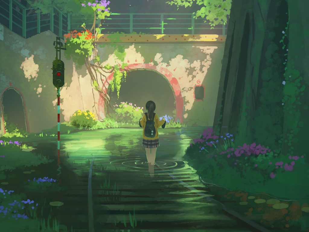 Desktop wallpaper tunnel, walk, anime girl, original, hd