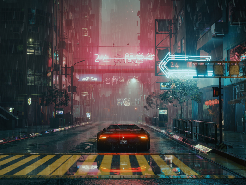 Cyberpunk, game, city shot, car, 1024x768 wallpaper