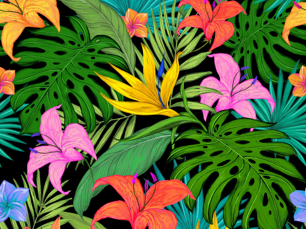 Pattern, tropical, flowers, leaves, 1024x768 wallpaper