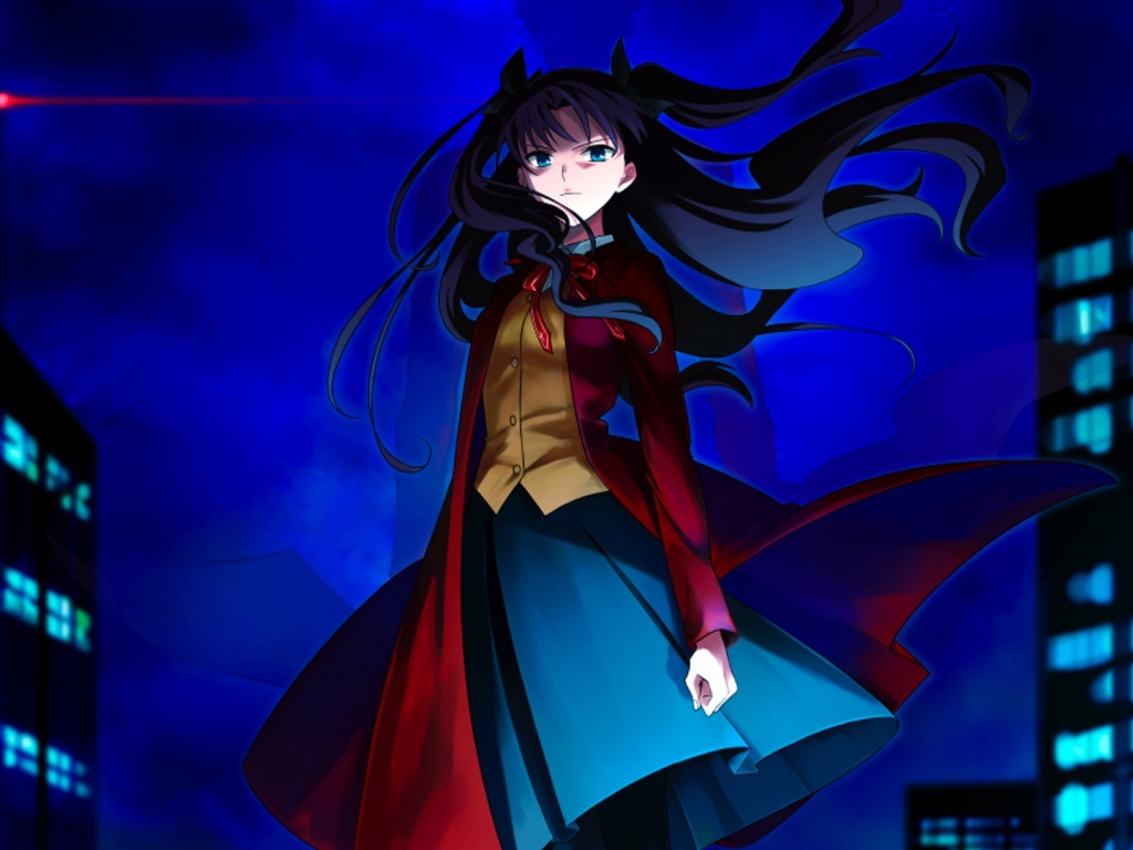 Wallpaper red coat, rin tohsaka, type-moon, long hair, anime desktop ...