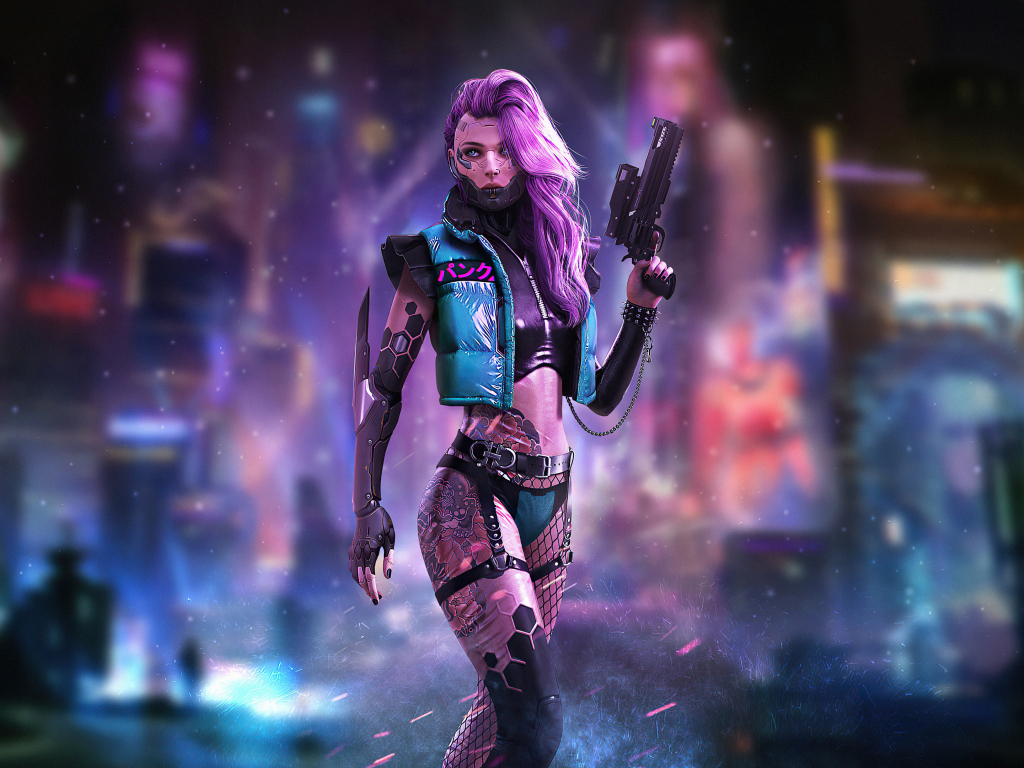 Cyberpunk, tattoo on body, girl with guns wallpaper, hd image, picture
