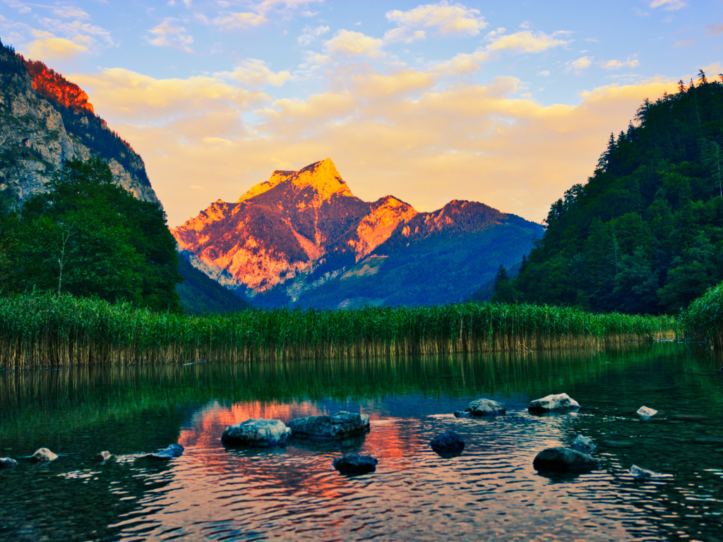 Desktop wallpaper sunset, alpine, nature, forest, glowing peak, lake
