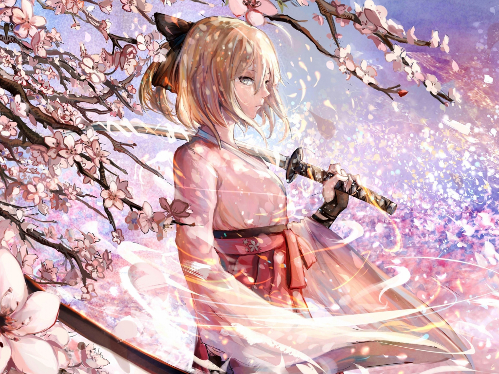 Download wallpaper 1024x768 sakura saber, katana, cherry blossom, anime,  standard 4:3 fullscreen 1024x768 hd background, 4991