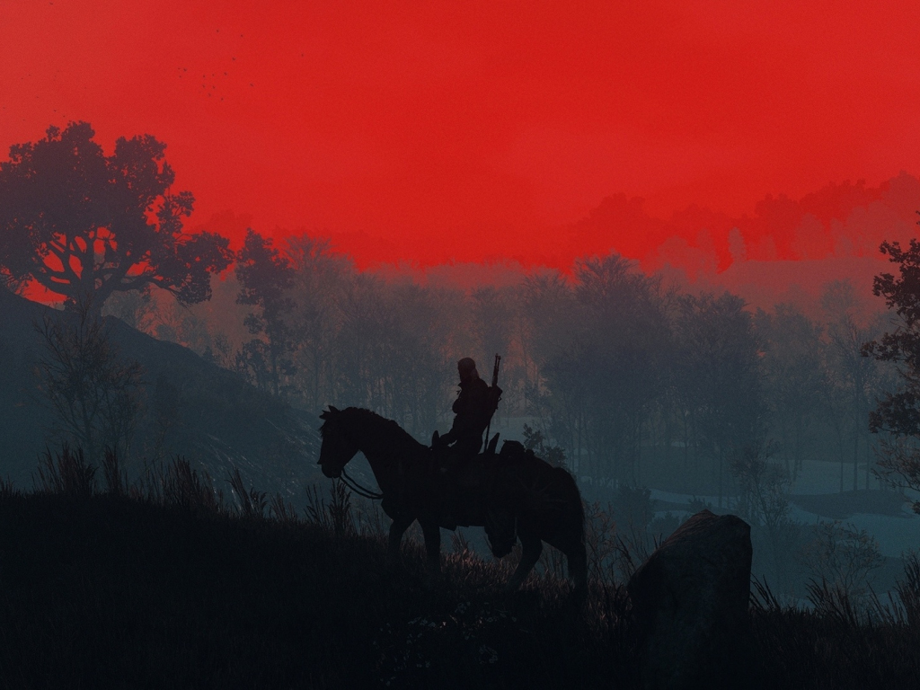 The Witcher 3, Geralt, sunset, silhouette, 1024x768 wallpaper
