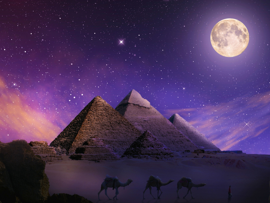 Desktop wallpaper photoshop, pyramids, egypt, night, hd