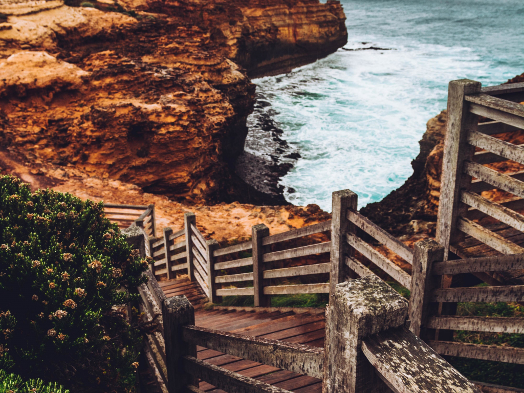 Desktop wallpaper wooden stairs, coast, hd image, picture ...