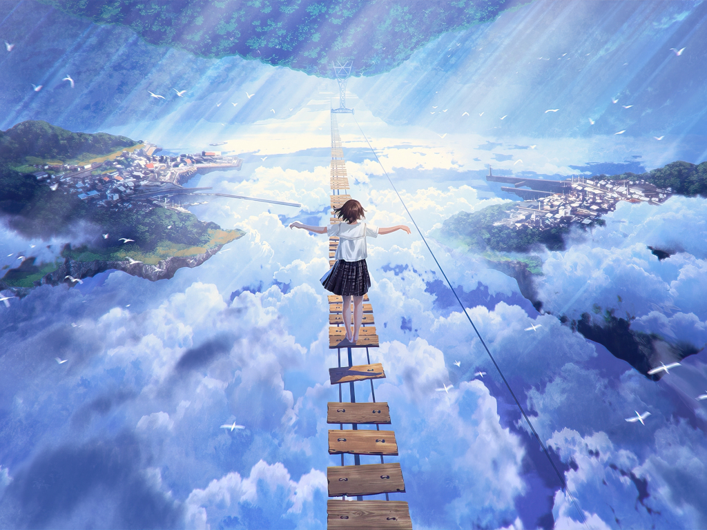 Desktop wallpaper anime girl walking on dream bridge, clouds, artwork